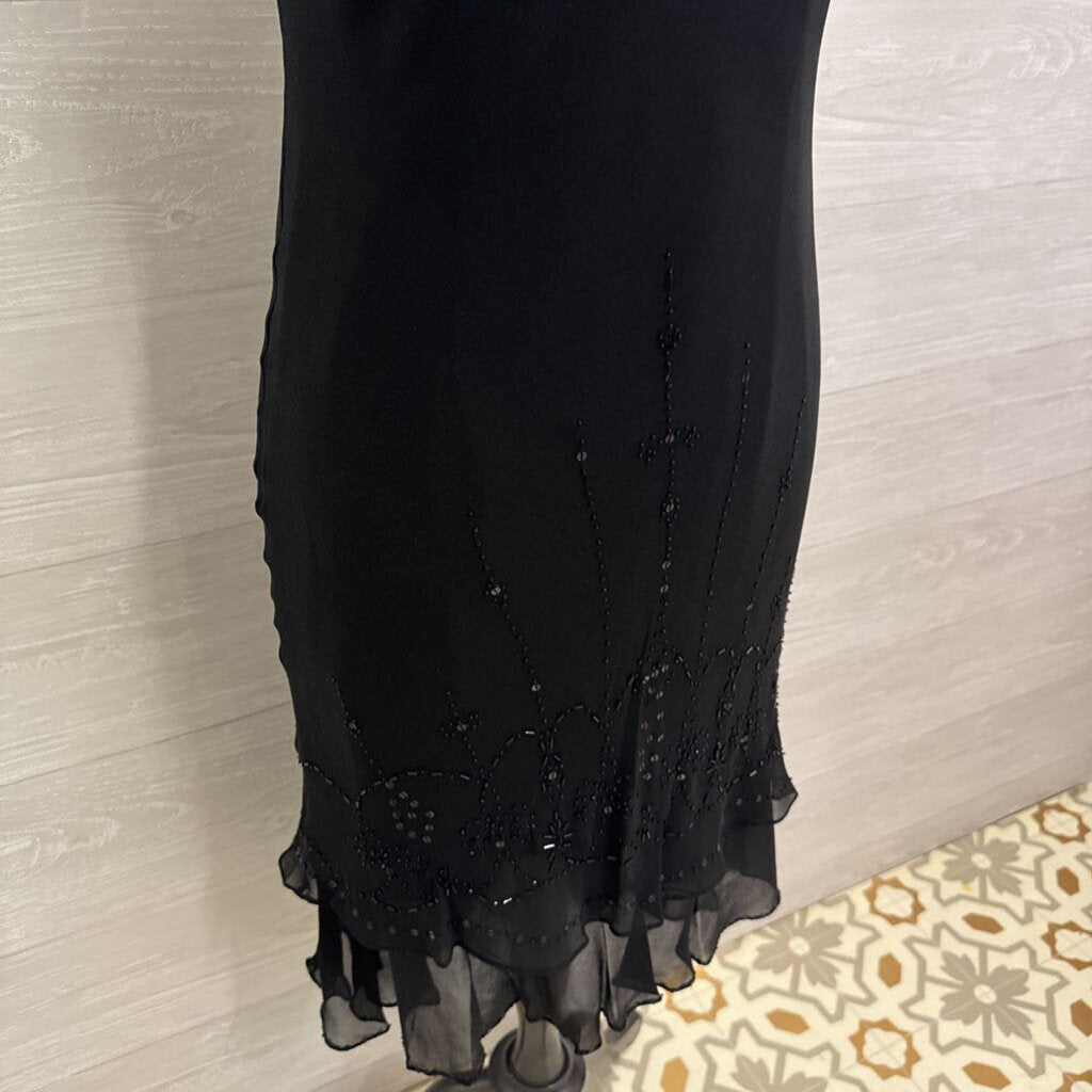 Papell Black Cap Sleeve Beaded Detail Midi Dress 6P