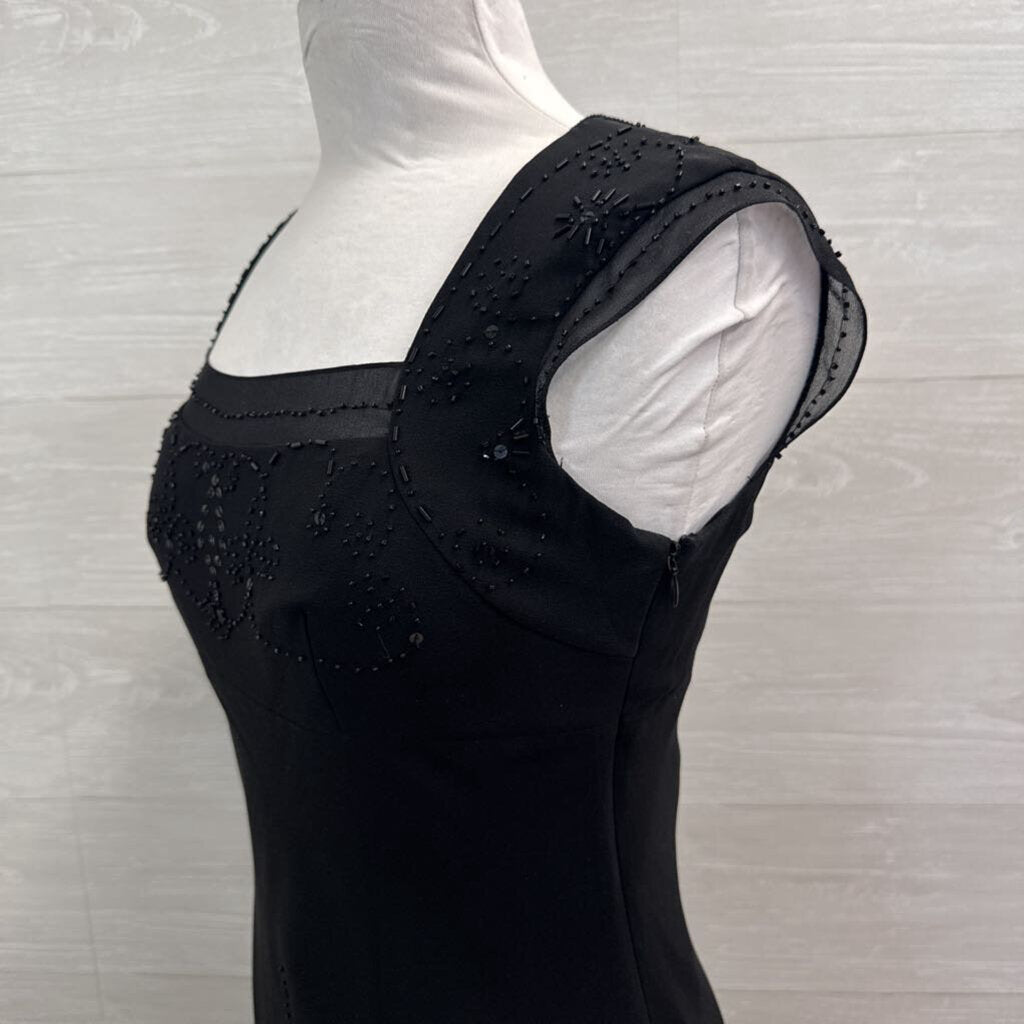 Papell Black Cap Sleeve Beaded Detail Midi Dress 6P