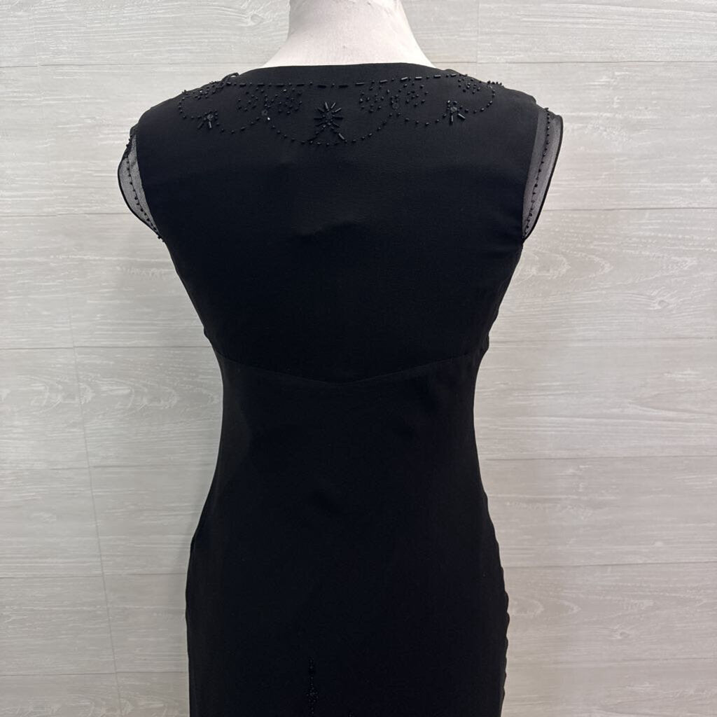 Papell Black Cap Sleeve Beaded Detail Midi Dress 6P