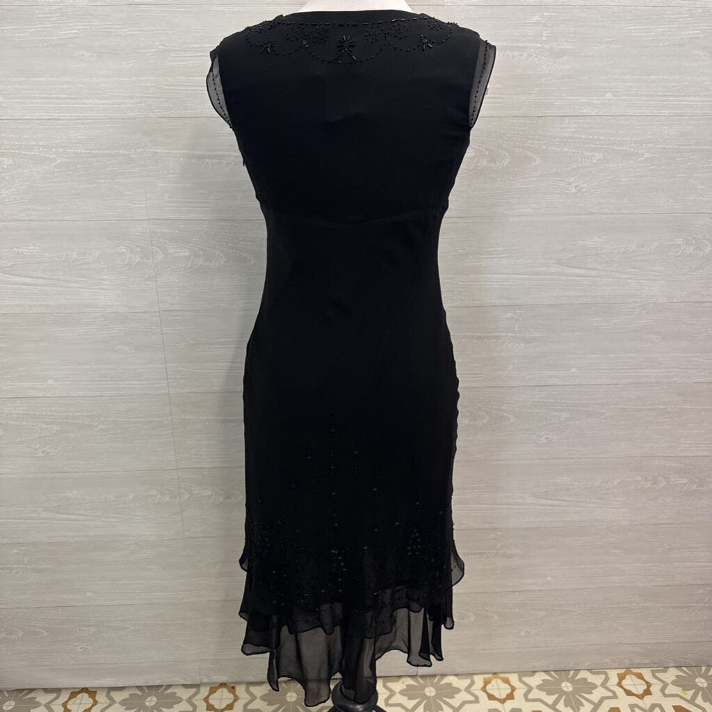 Papell Black Cap Sleeve Beaded Detail Midi Dress 6P