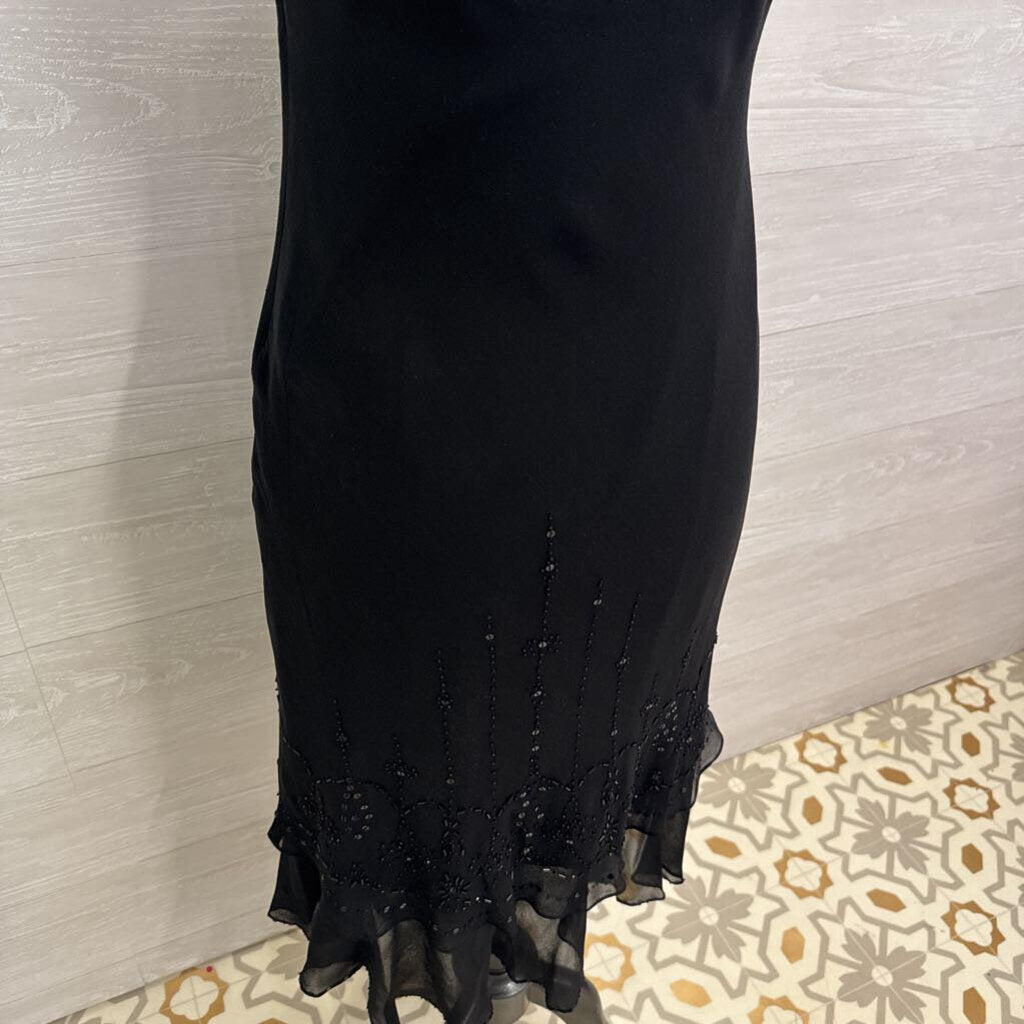 Papell Black Cap Sleeve Beaded Detail Midi Dress 6P