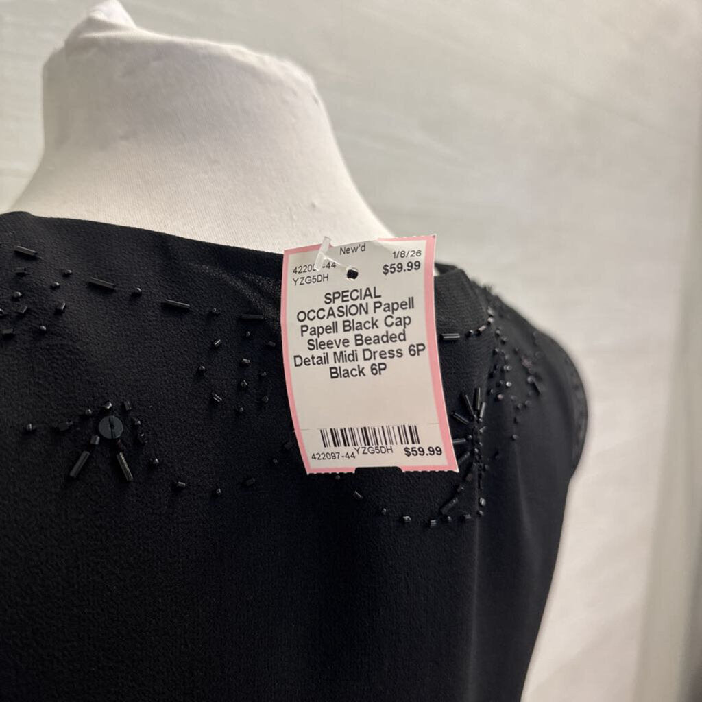 Papell Black Cap Sleeve Beaded Detail Midi Dress 6P