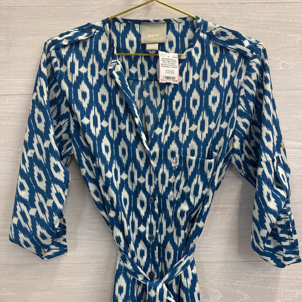 Maeve Blue/ White Print Tie Waist Button Front Dress Small