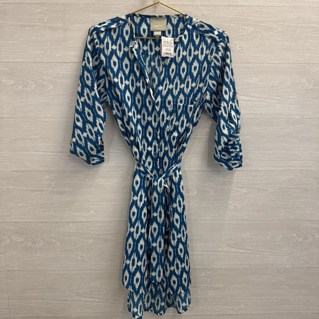 Maeve Blue/ White Print Tie Waist Button Front Dress Small