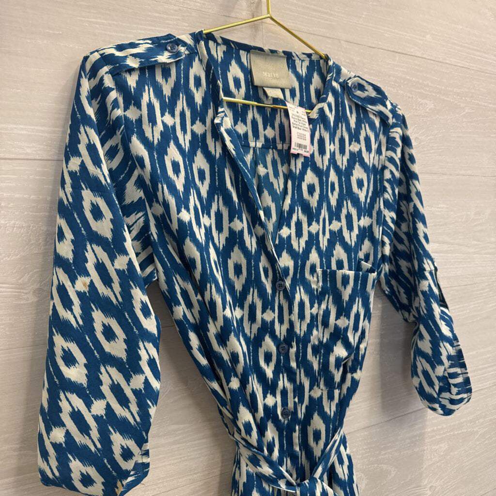 Maeve Blue/ White Print Tie Waist Button Front Dress Small