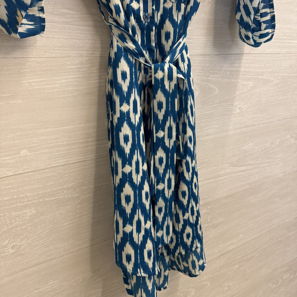 Maeve Blue/ White Print Tie Waist Button Front Dress Small