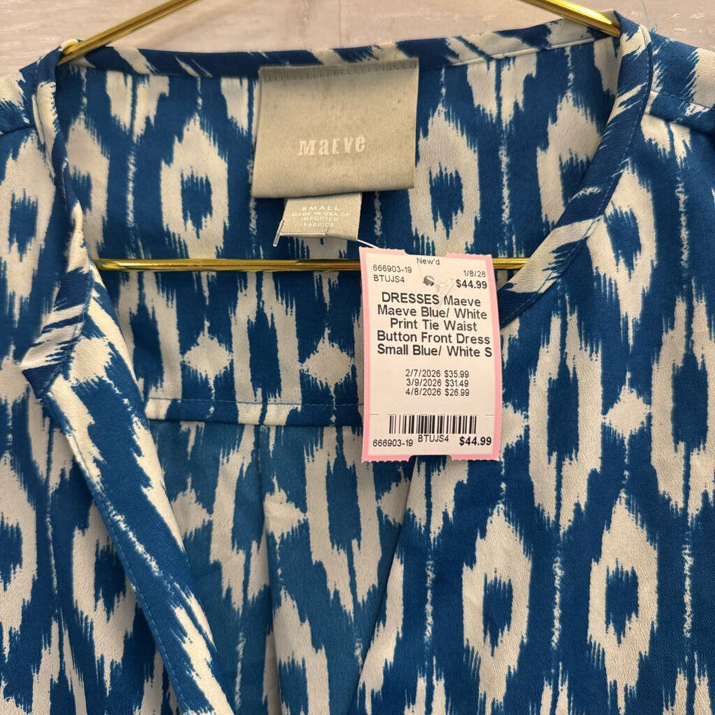 Maeve Blue/ White Print Tie Waist Button Front Dress Small