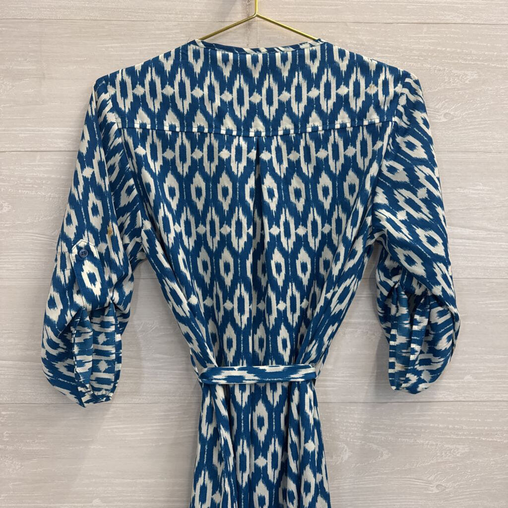 Maeve Blue/ White Print Tie Waist Button Front Dress Small