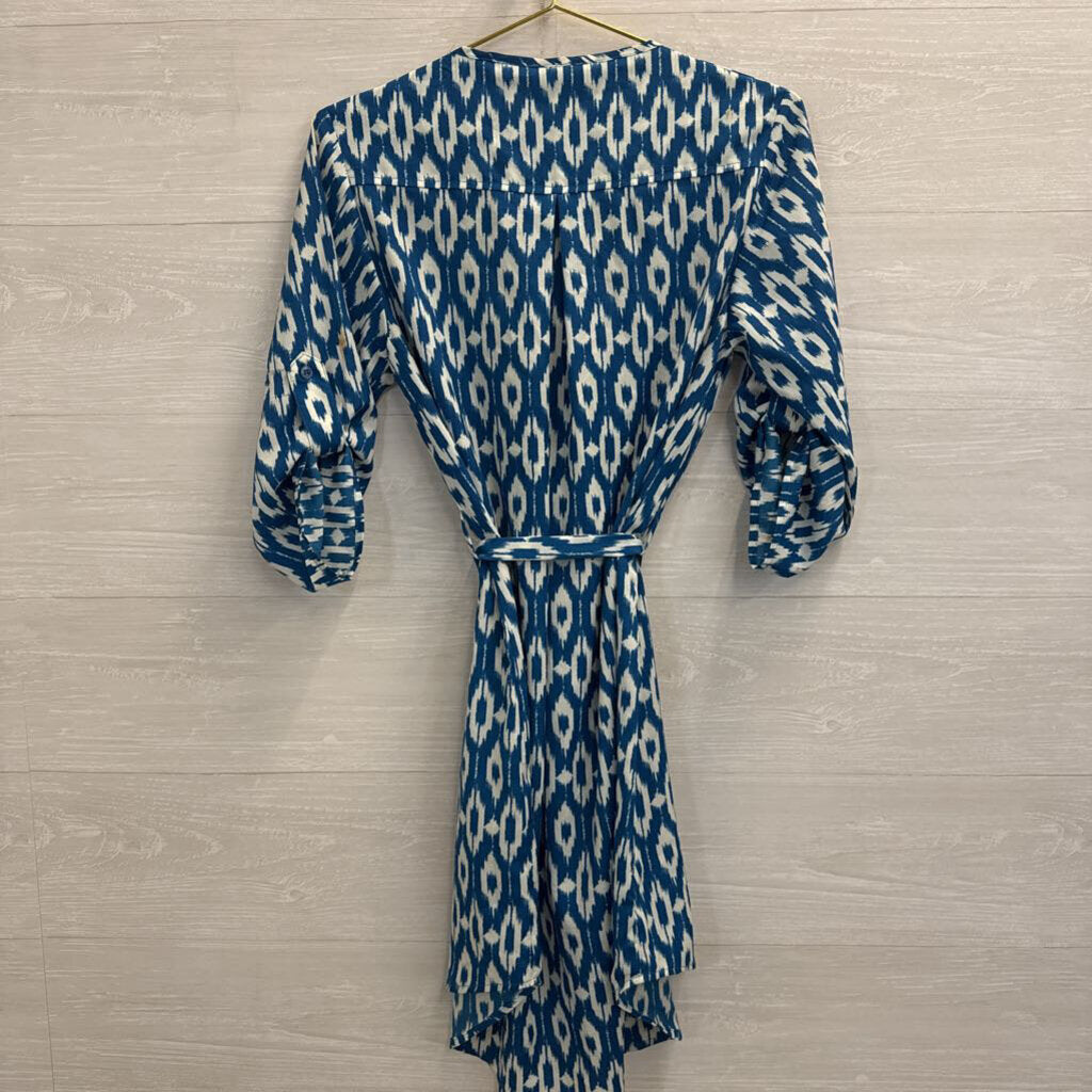 Maeve Blue/ White Print Tie Waist Button Front Dress Small