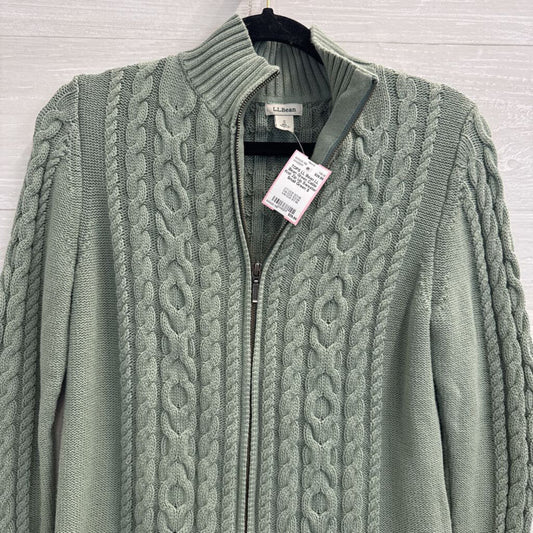 LL Bean Green Cable Knit Zip Up Sweater Small