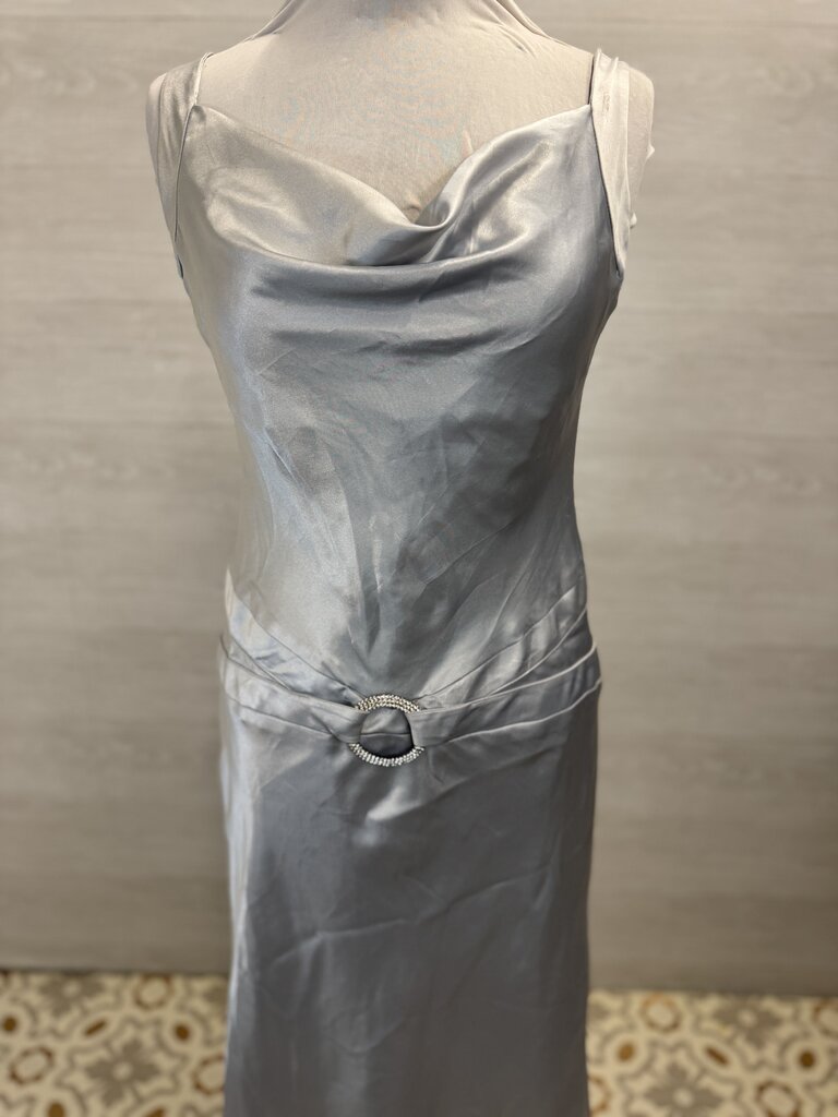Silver Silky Cowl Neck Dropped Waist Detail Long Formal Dress Large