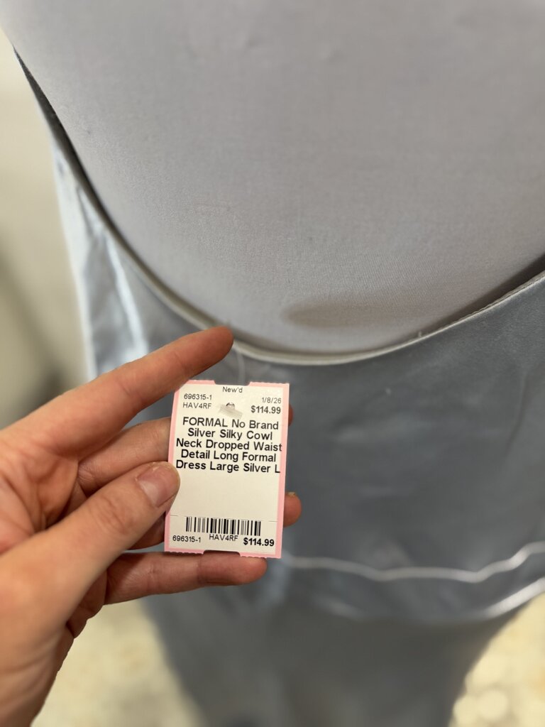 Silver Silky Cowl Neck Dropped Waist Detail Long Formal Dress Large