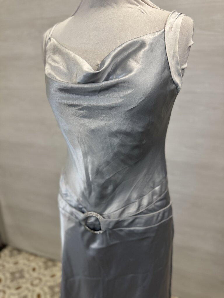 Silver Silky Cowl Neck Dropped Waist Detail Long Formal Dress Large