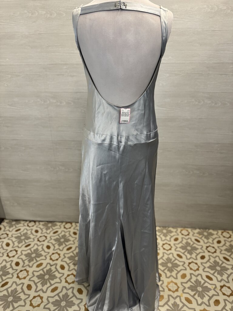 Silver Silky Cowl Neck Dropped Waist Detail Long Formal Dress Large