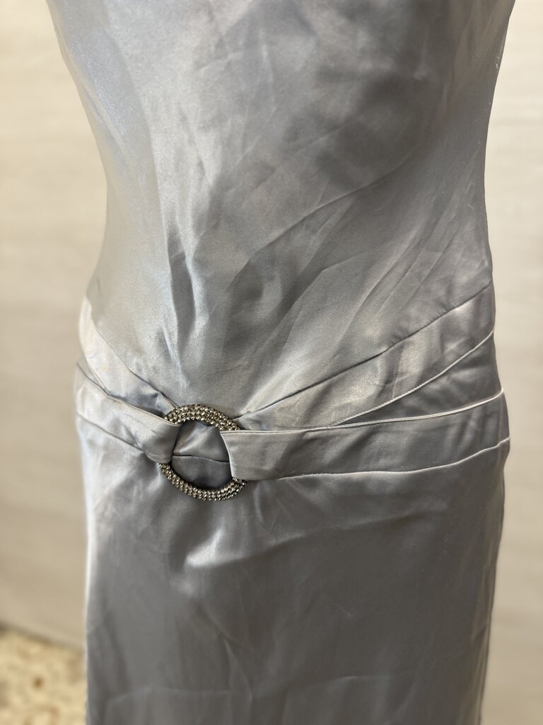 Silver Silky Cowl Neck Dropped Waist Detail Long Formal Dress Large