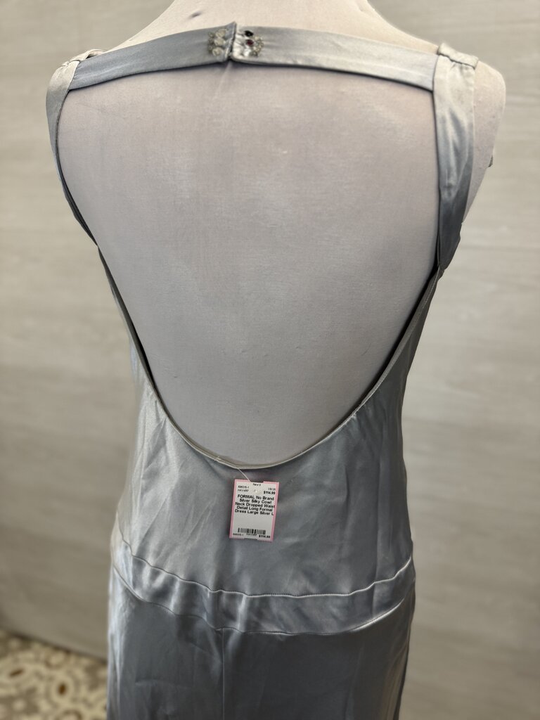 Silver Silky Cowl Neck Dropped Waist Detail Long Formal Dress Large