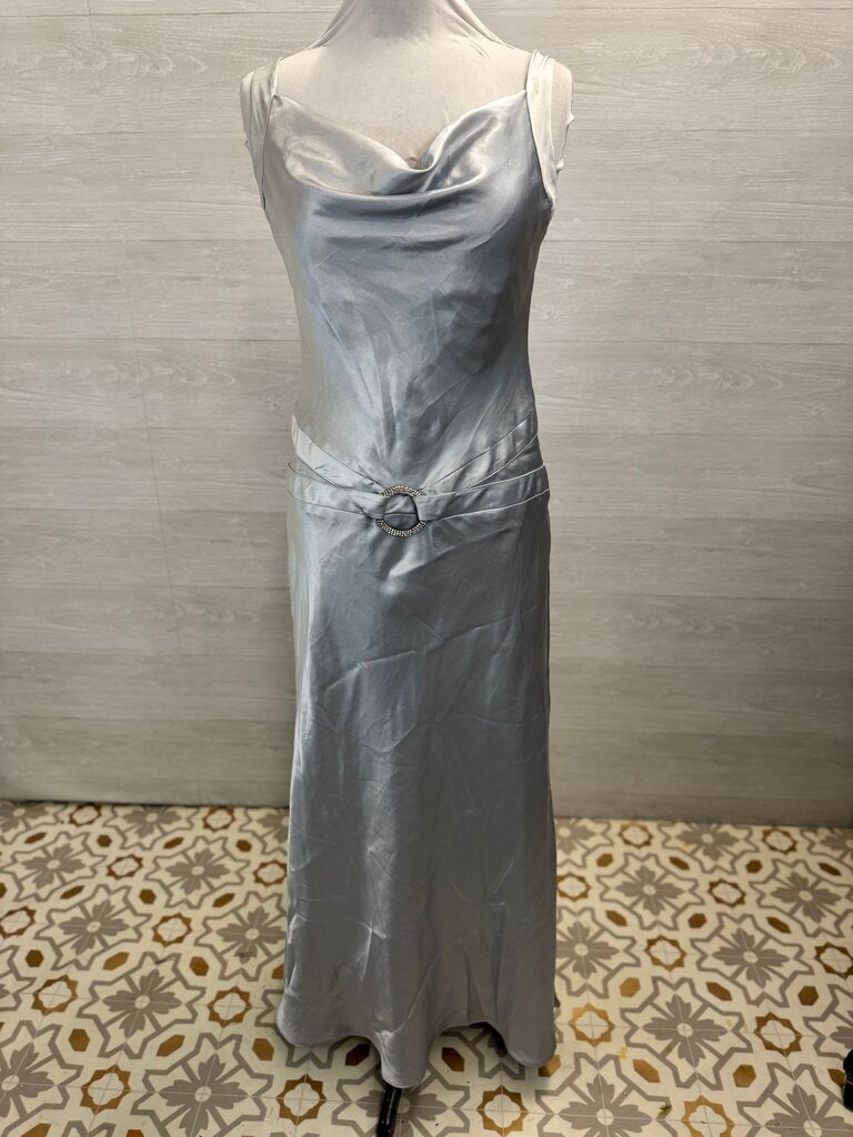 Silver Silky Cowl Neck Dropped Waist Detail Long Formal Dress Large