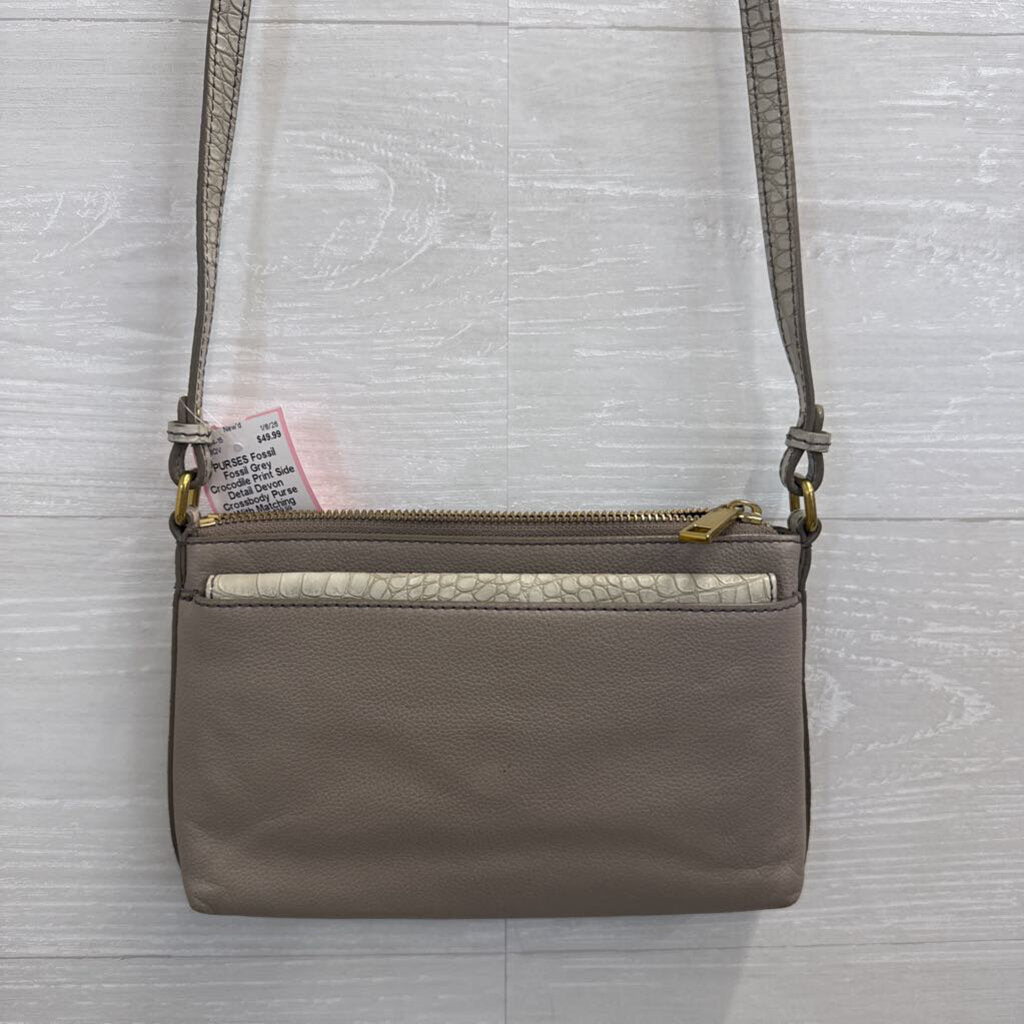 Fossil Grey Crocodile Print Side Detail Devon Crossbody Purse With Matching Wallet
