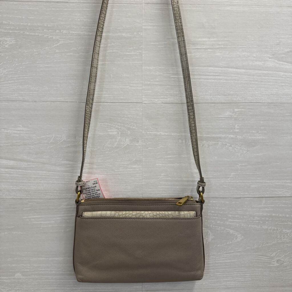 Fossil Grey Crocodile Print Side Detail Devon Crossbody Purse With Matching Wallet