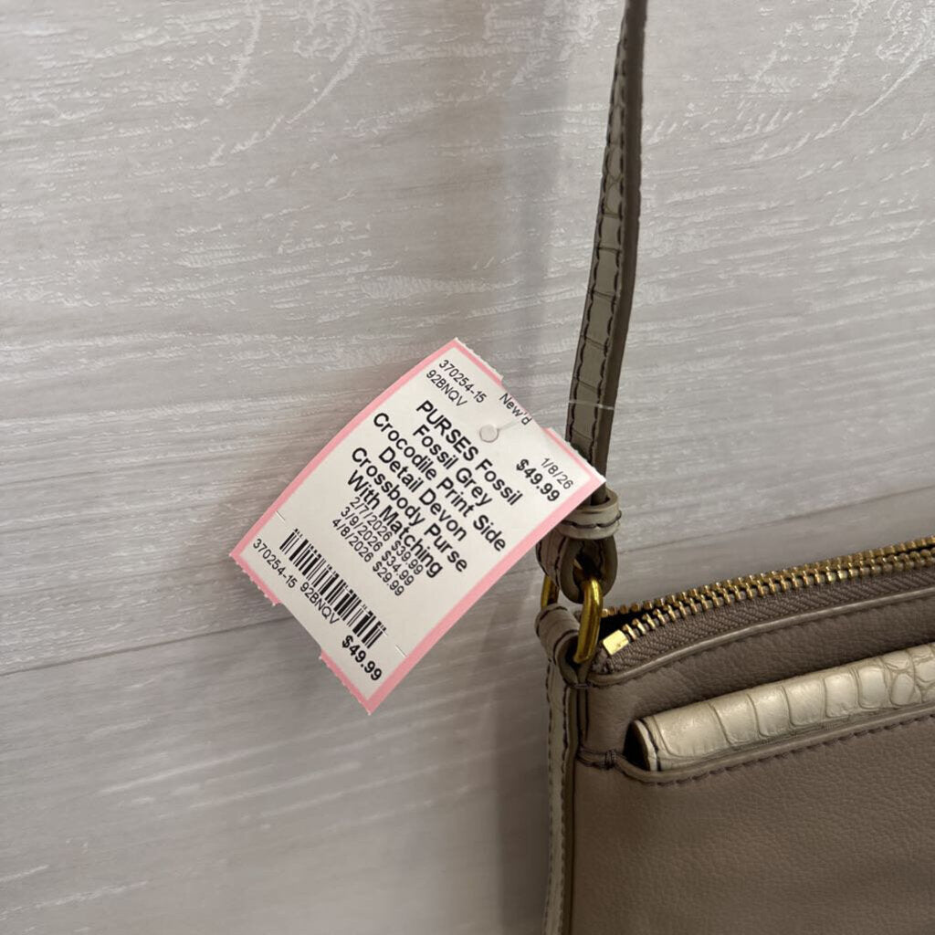 Fossil Grey Crocodile Print Side Detail Devon Crossbody Purse With Matching Wallet