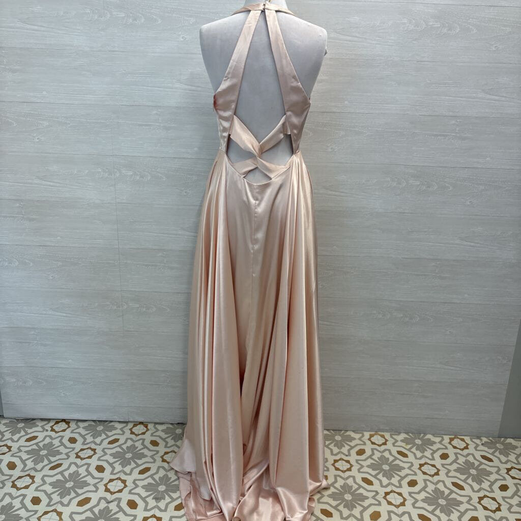 Faviana Blush Pink Silky Halter Neck A Line Long Formal Dress 12