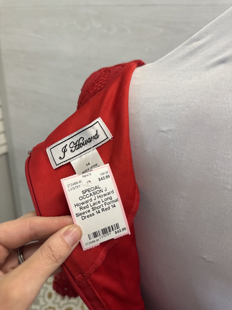 J Howard Red Lace Long Sleeve Short Formal Dress 14