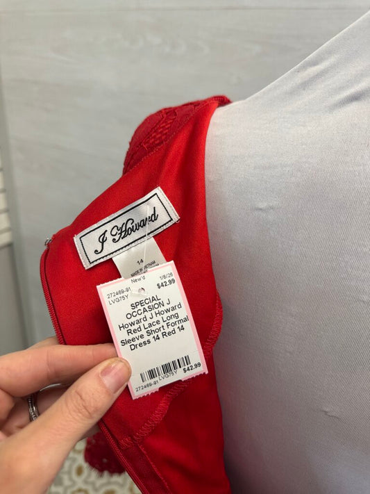 J Howard Red Lace Long Sleeve Short Formal Dress 14