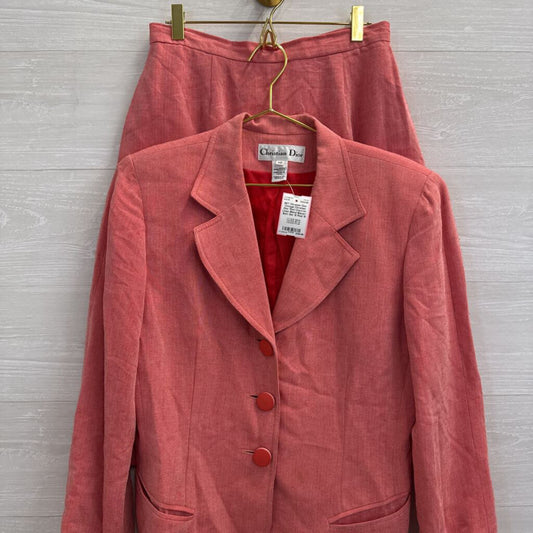 Vintage Christian Dior Red Chevron Linen Blend Blazer/ Skirt Set 10