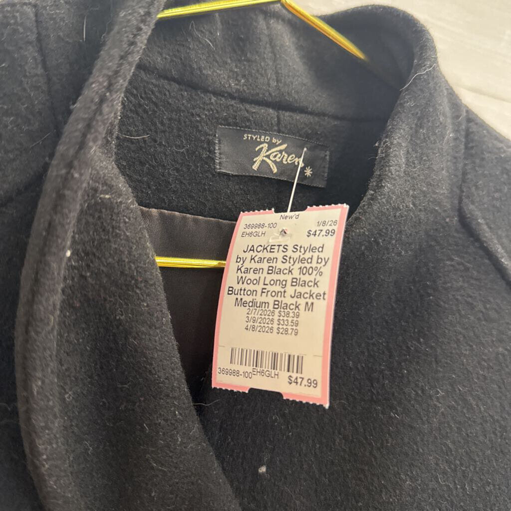 Styled by Karen Black 100% Wool Long Black Button Front Jacket Medium