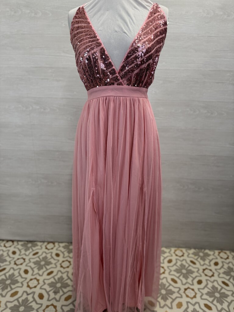 Pink Sequin Top Tulle Skirt Long Formal Dress Large