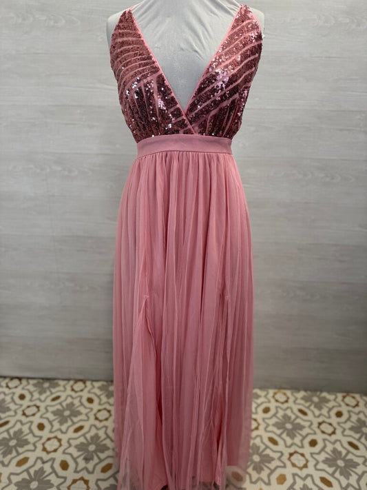 Pink Sequin Top Tulle Skirt Long Formal Dress Large