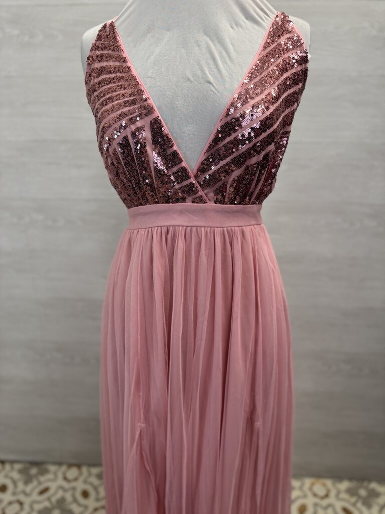 Pink Sequin Top Tulle Skirt Long Formal Dress Large