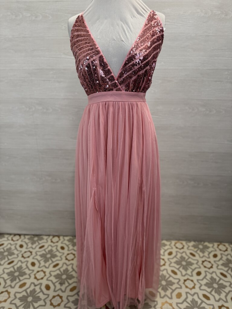 Pink Sequin Top Tulle Skirt Long Formal Dress Large