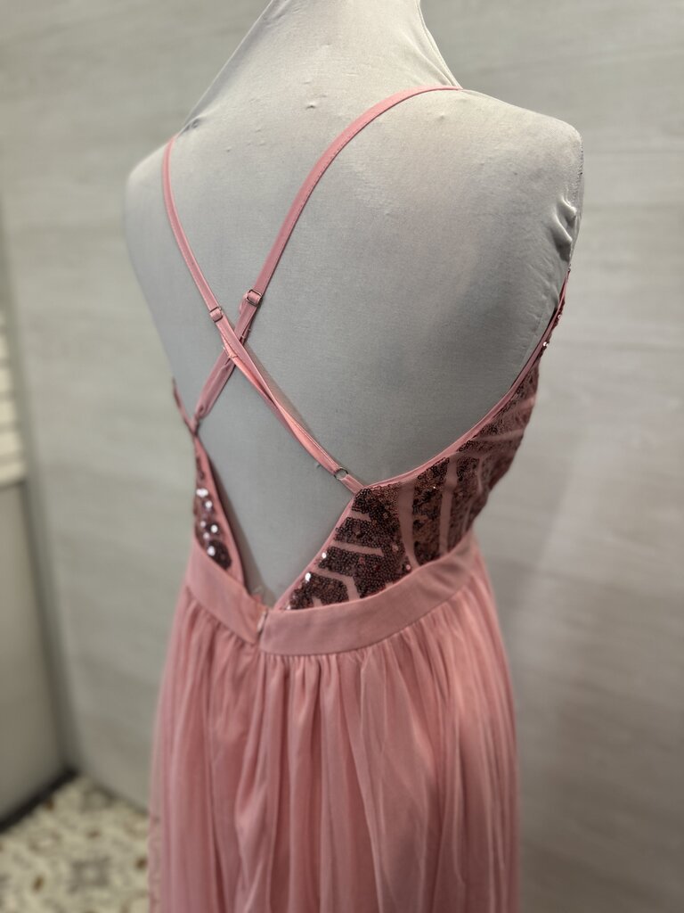 Pink Sequin Top Tulle Skirt Long Formal Dress Large