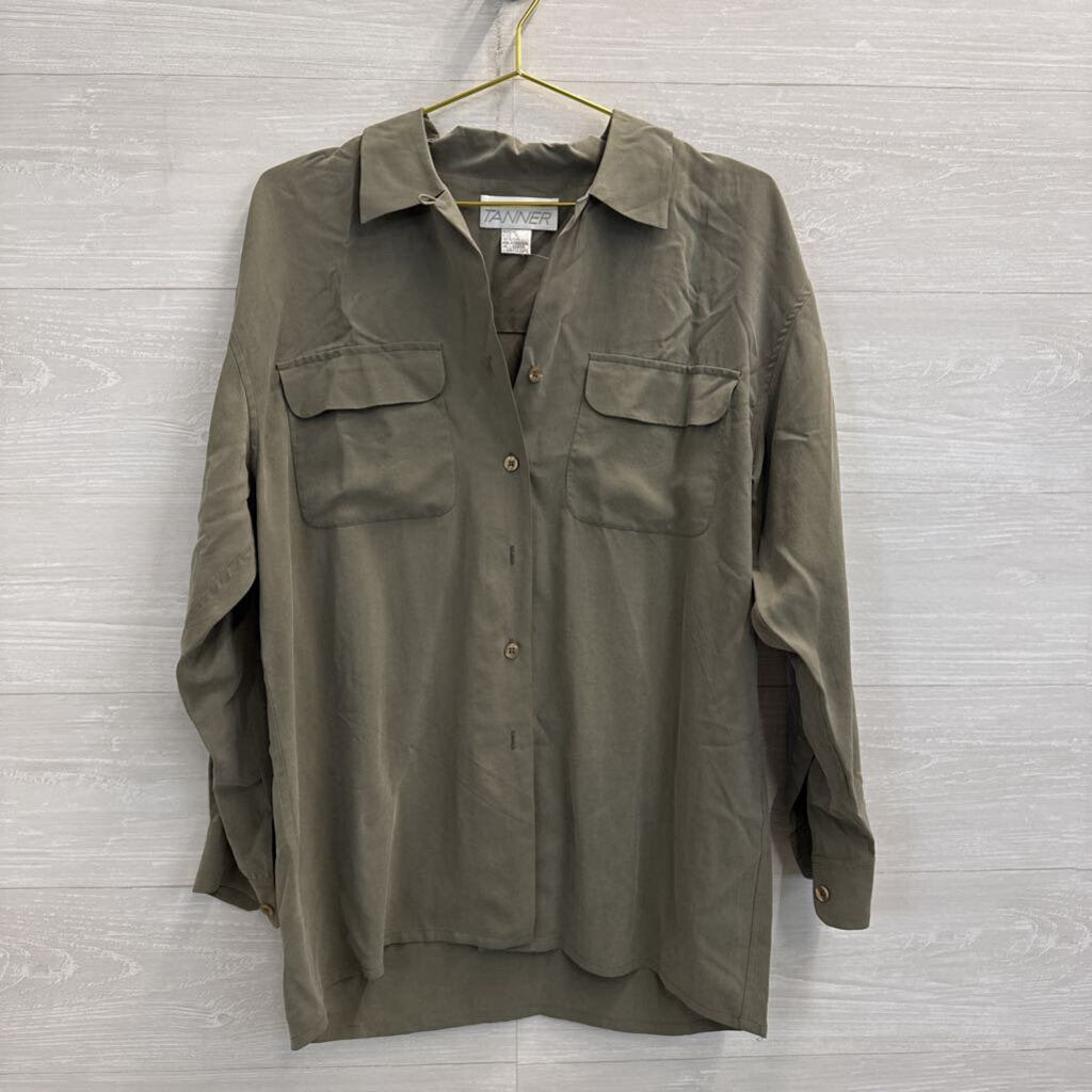 Vintage Tanner Green 100% Silk Long Sleeve Button Down Top 10