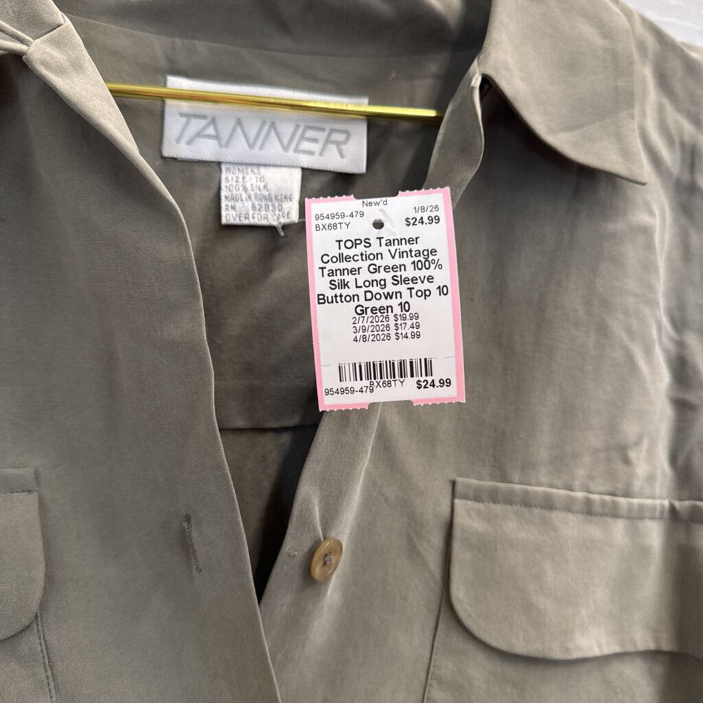 Vintage Tanner Green 100% Silk Long Sleeve Button Down Top 10
