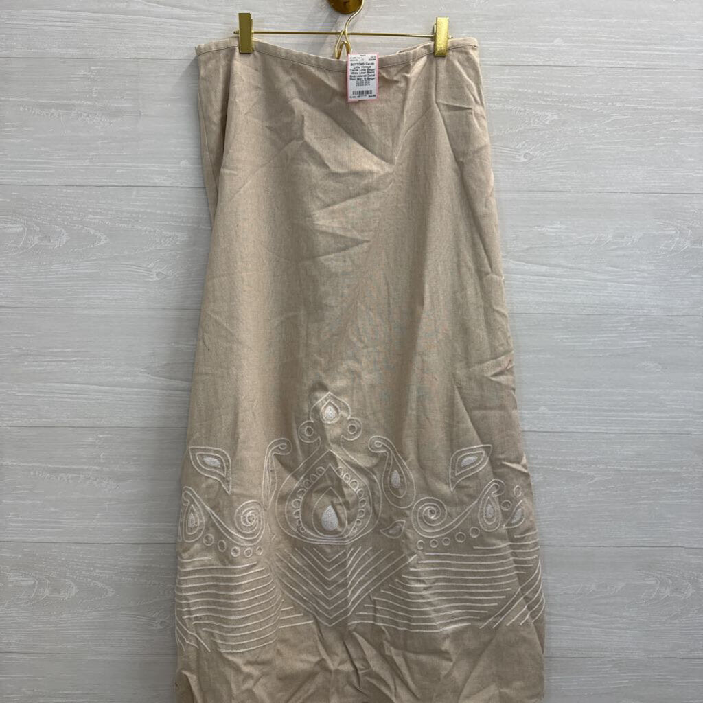 Vintage Carole Little Beige/ White Linen Blend Embroidered Detail Maxi Skirt 10