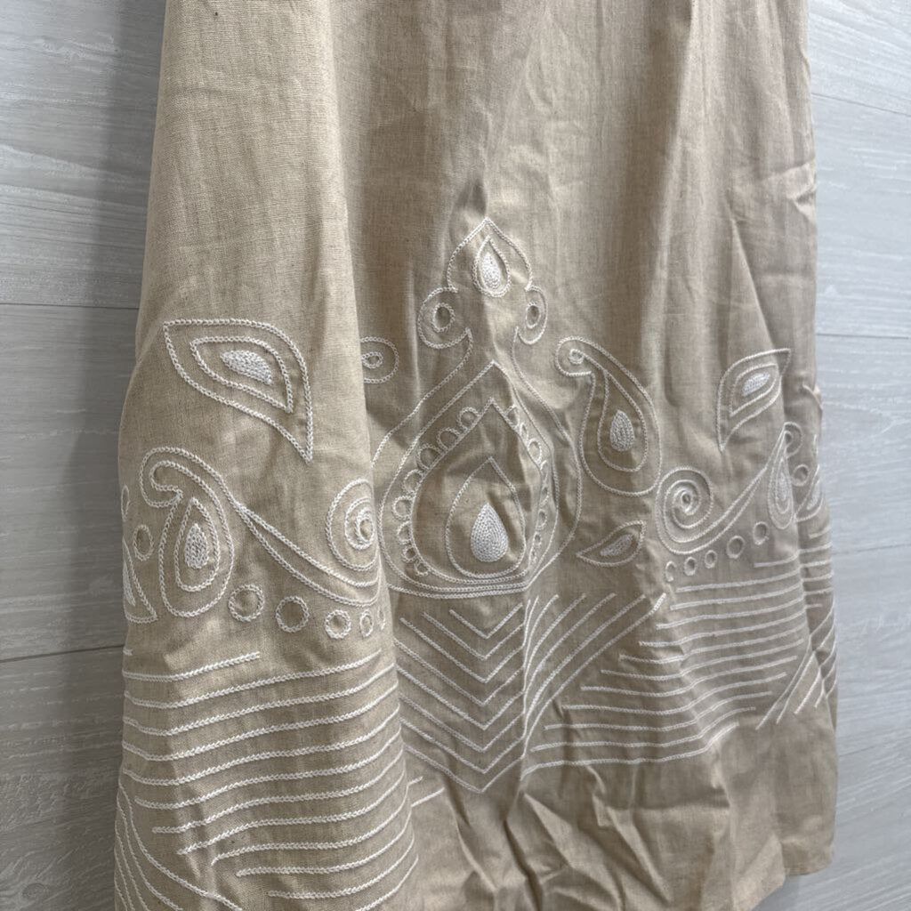 Vintage Carole Little Beige/ White Linen Blend Embroidered Detail Maxi Skirt 10