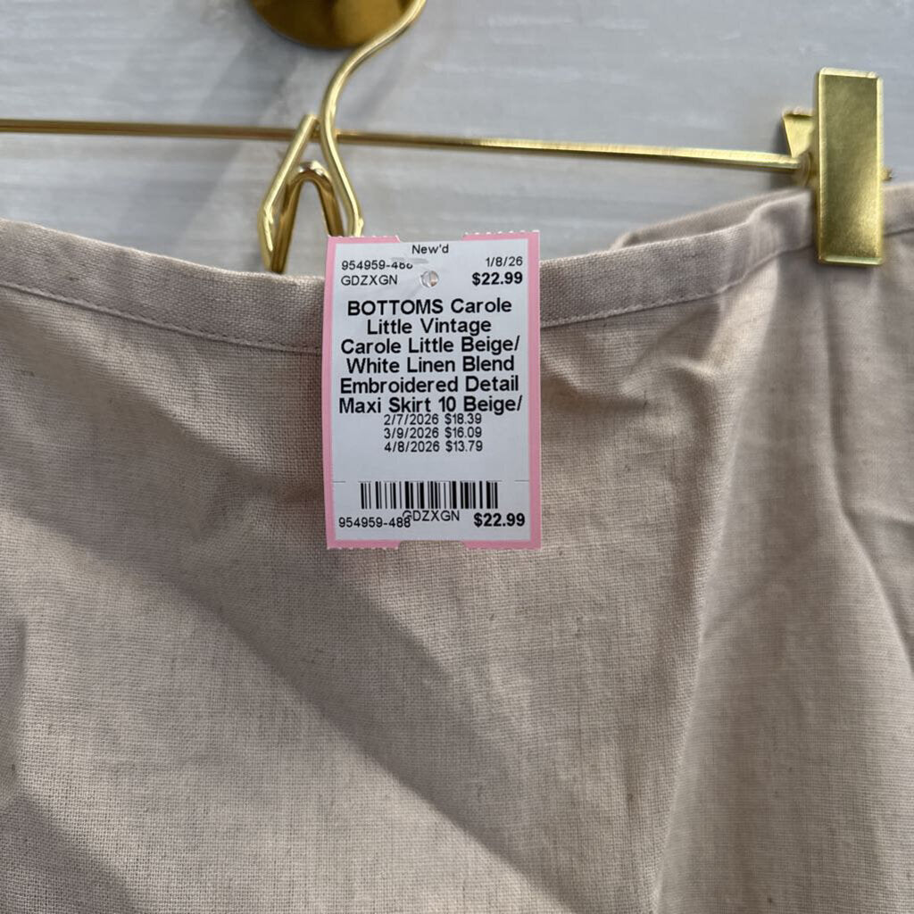 Vintage Carole Little Beige/ White Linen Blend Embroidered Detail Maxi Skirt 10