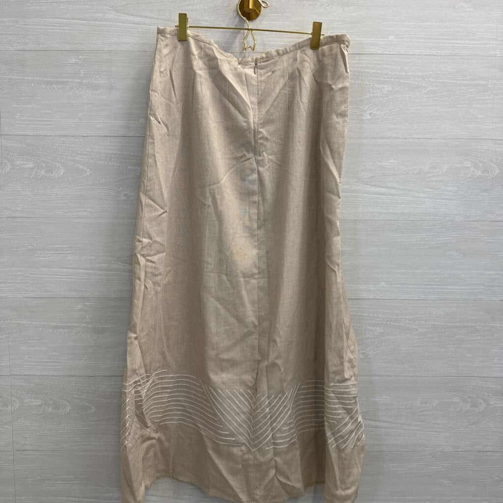 Vintage Carole Little Beige/ White Linen Blend Embroidered Detail Maxi Skirt 10