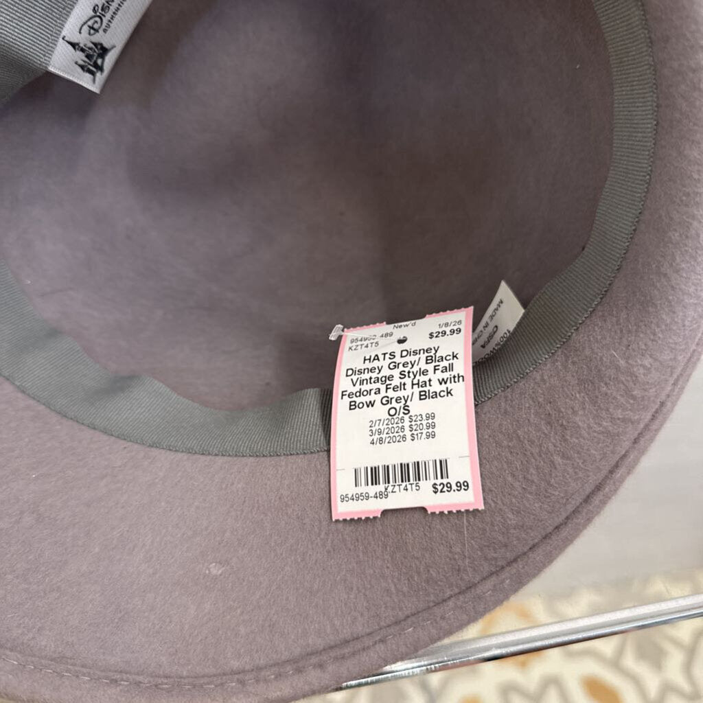 Disney Grey/ Black Vintage Style Fall Fedora Felt Hat with Bow