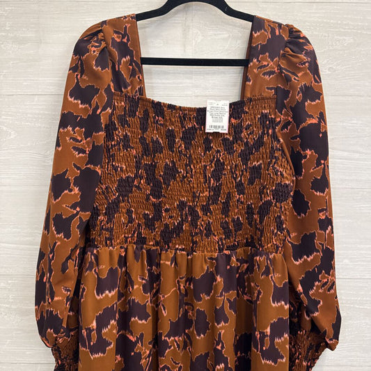 Nine West Brown Print Smocked Top Long Sleeve Midi Dress XXL