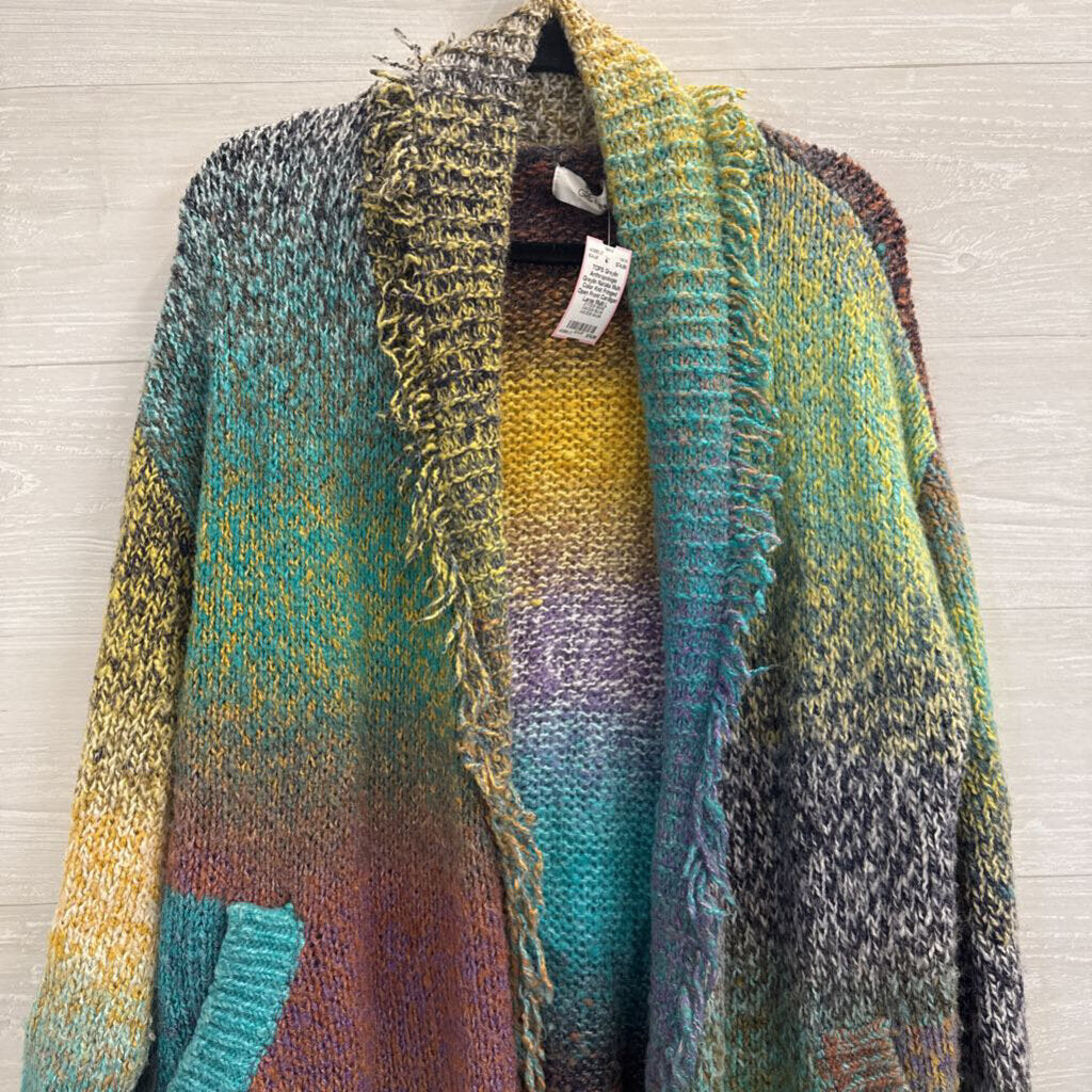 Anthropologie Greylin Natalia Multi Color Knit Fringed Open Front Cardigan Large