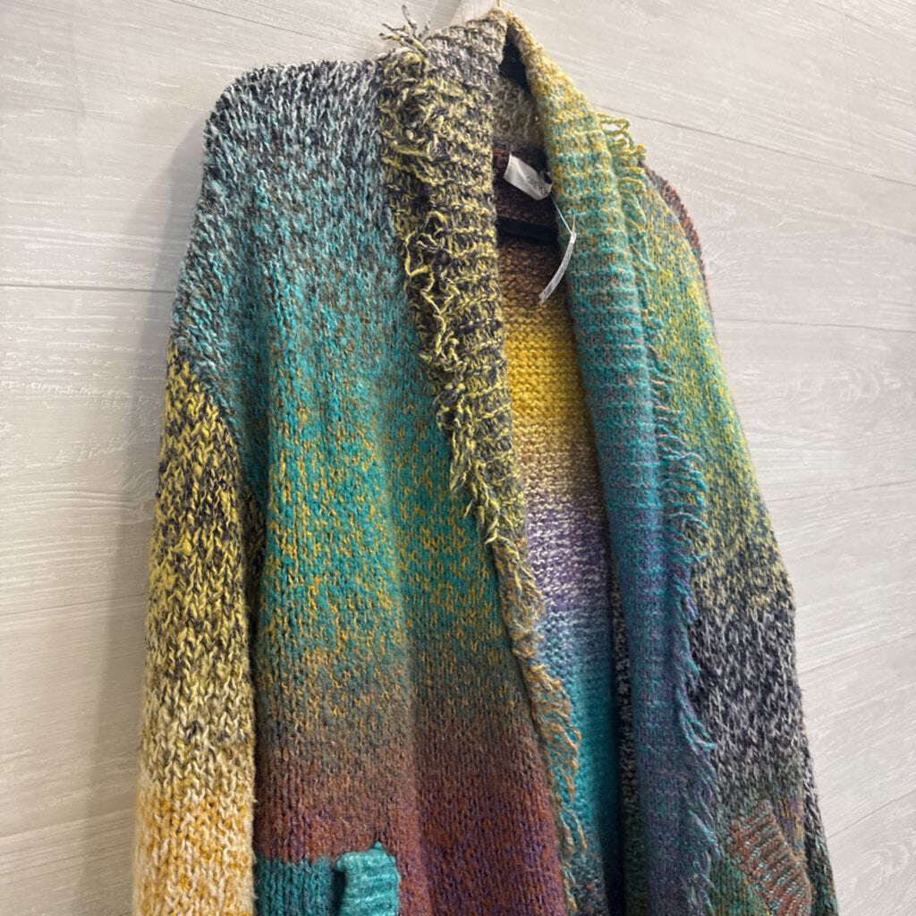 Anthropologie Greylin Natalia Multi Color Knit Fringed Open Front Cardigan Large