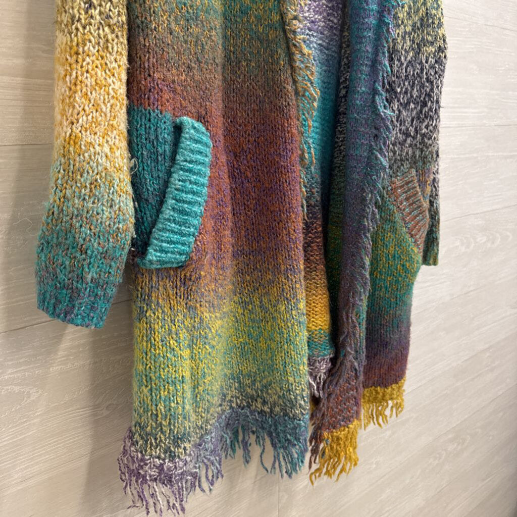 Anthropologie Greylin Natalia Multi Color Knit Fringed Open Front Cardigan Large