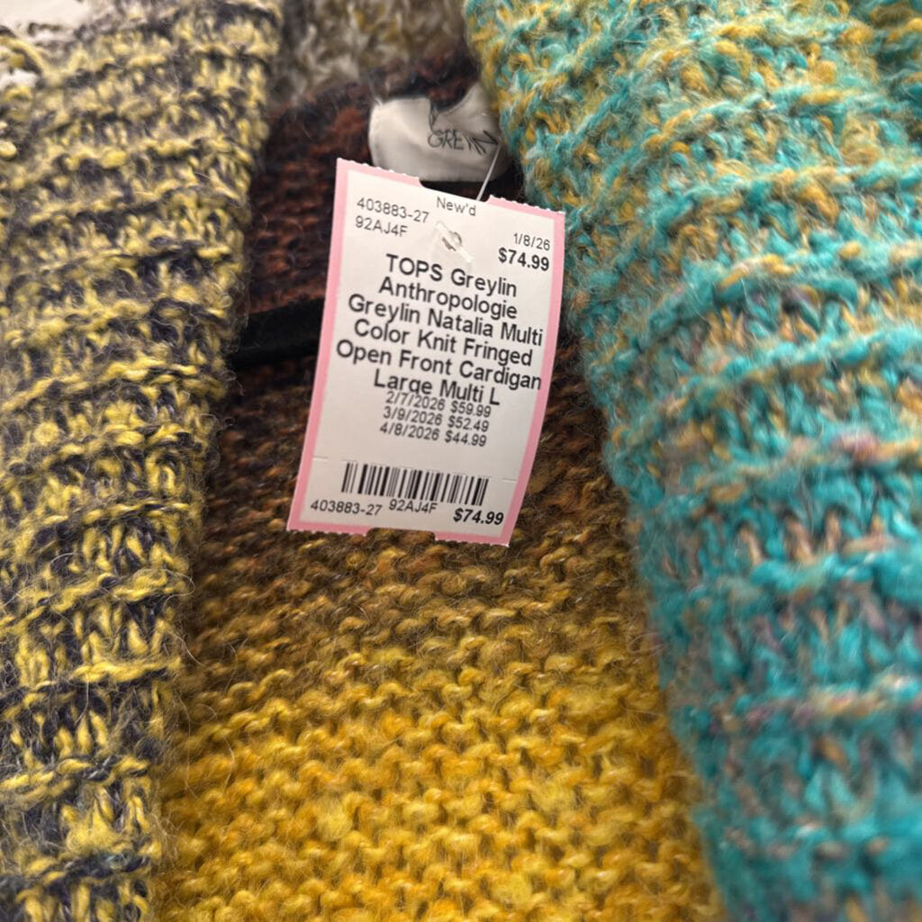 Anthropologie Greylin Natalia Multi Color Knit Fringed Open Front Cardigan Large