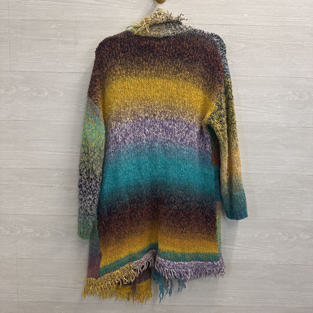 Anthropologie Greylin Natalia Multi Color Knit Fringed Open Front Cardigan Large