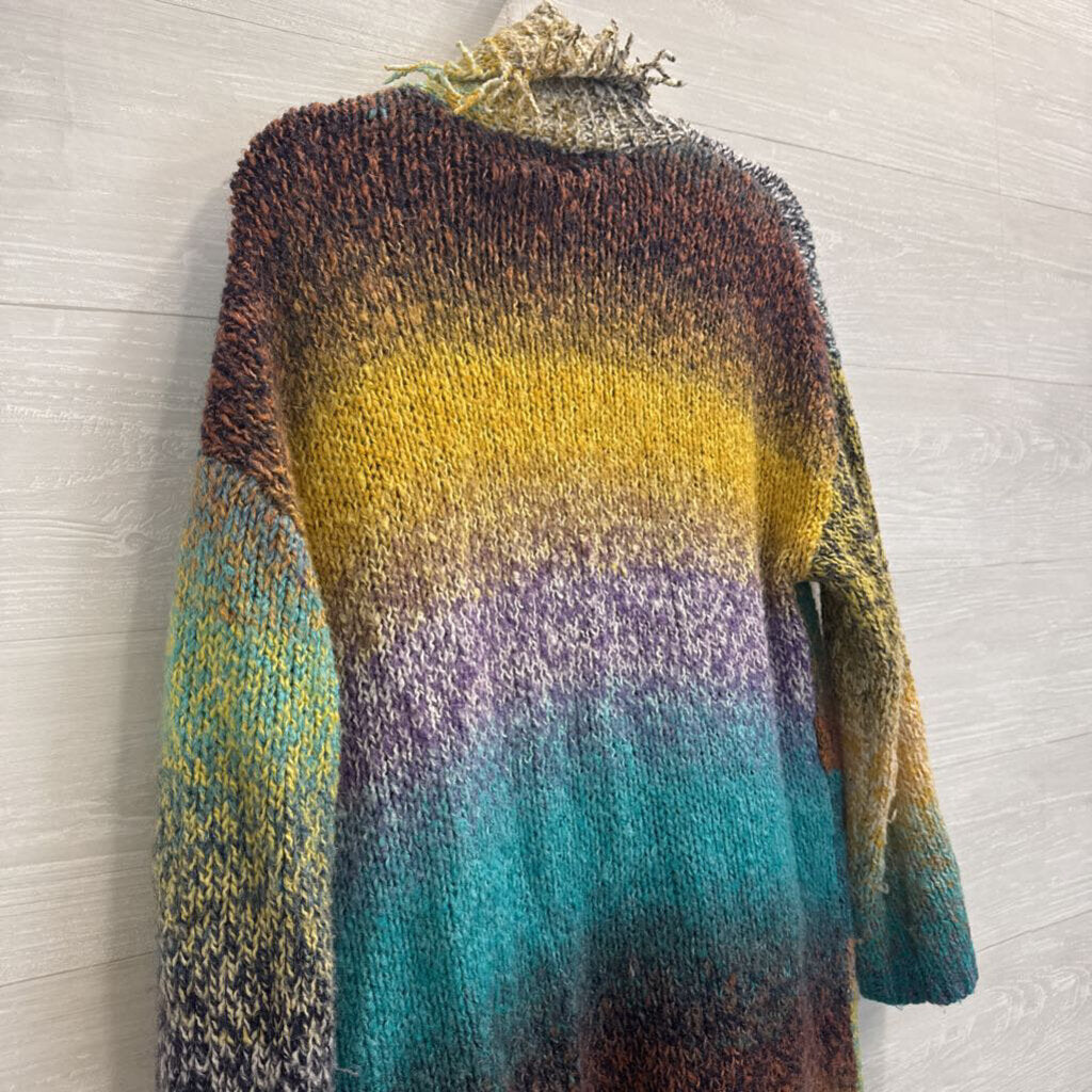 Anthropologie Greylin Natalia Multi Color Knit Fringed Open Front Cardigan Large