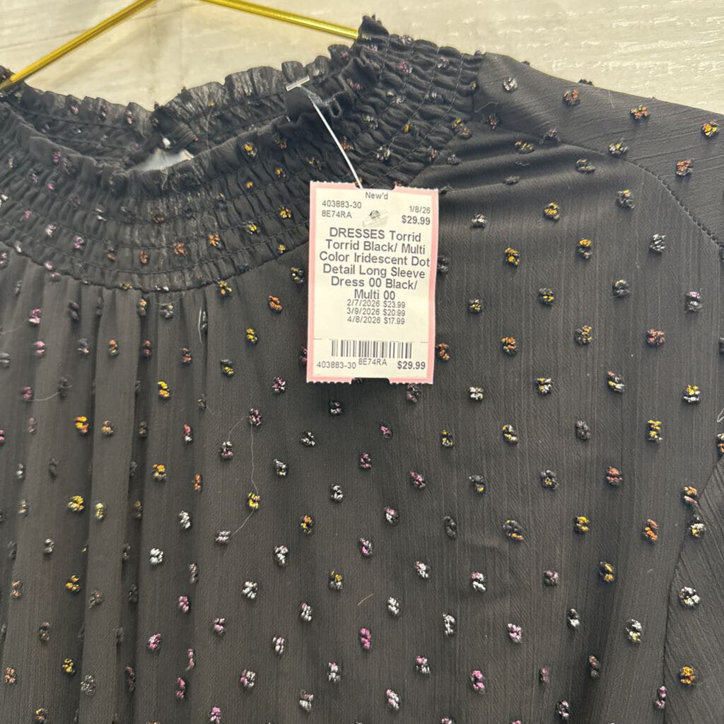 Torrid Black/ Multi Color Iridescent Dot Detail Long Sleeve Dress 00