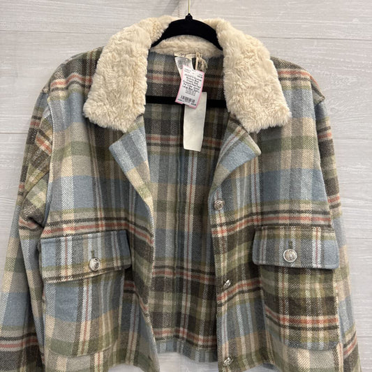Mystree Blue/ Cream/ Multi Cropped Plaid Faux Fur Collar Jacket Large